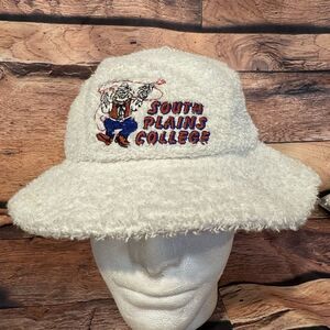 South Plains College Fuzzy Bucket Hat White Unihat Taxace USA Texans Sun Unique